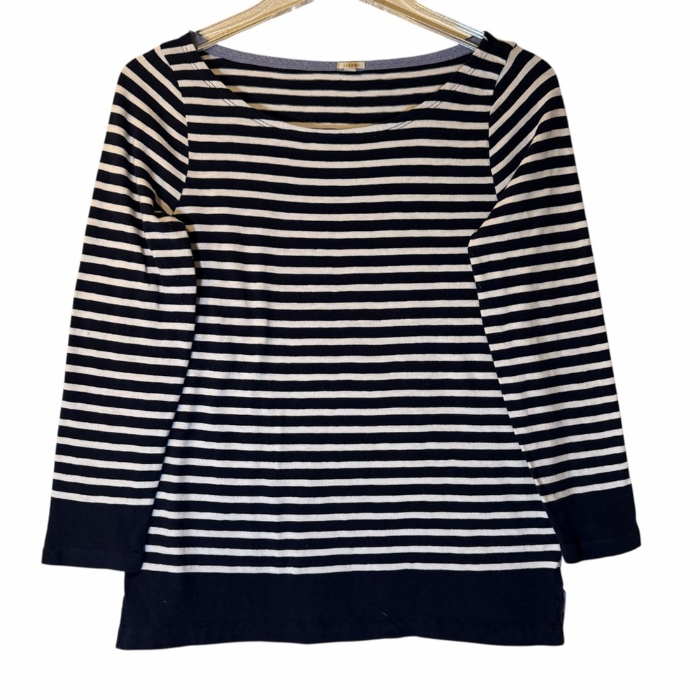 J. Crew Navy Blue White Striped Top Shirt Boatneck Nautical 3/4 Sleeve Women S